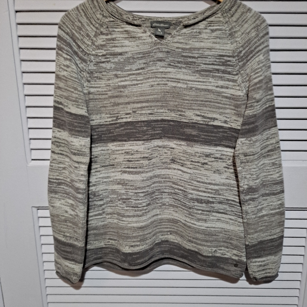 Eddie bouers sweater large gray space dye stripe split nuck pullover.